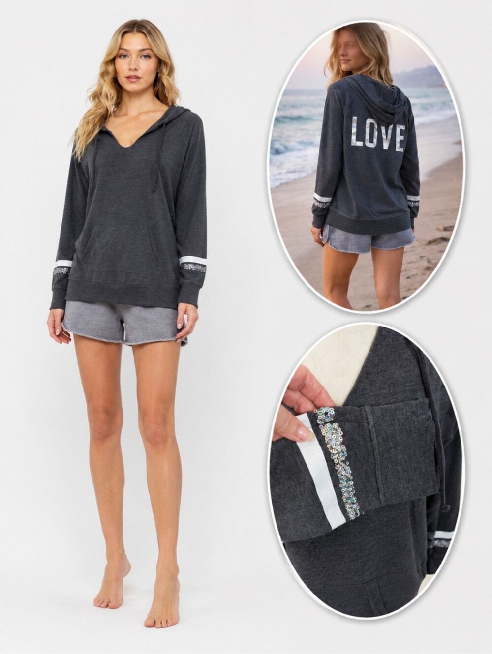 Victoria's Secret Gray V-neck Hoodie Fleece Pullover Iridescent LOVE Sequin Cuff